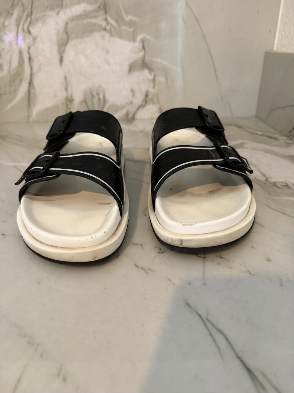 Louis Vuitton Black and White Kids Double-Buckle Slide Sandals